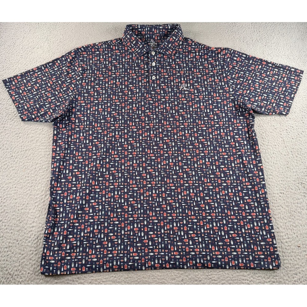 Rhoback THE OLD FASHIONED Polo Shirt Men 2XL Blue Cocktail AOP Performance